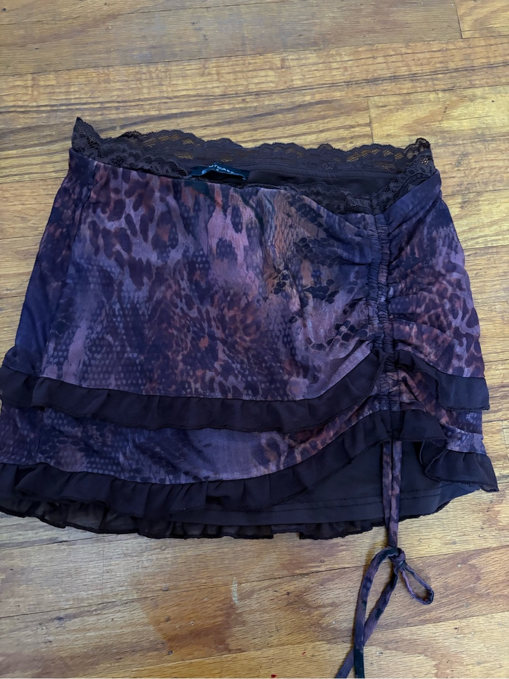 Lace-Trim Tiered Ruffle Mini Skirt - Purple Animal Print